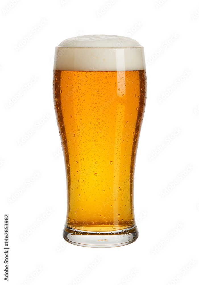 Refreshing Cold Lager Beer in Tall Glass with Foam, Isolated on PNG Background.