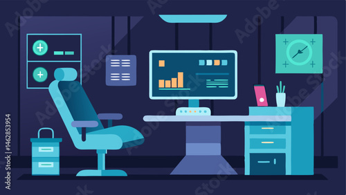 HighTech Consultation Room A sleek consultation space featuring an ergonomic chair a digital screen displaying health analytics and futuristic medical devices on the wall.