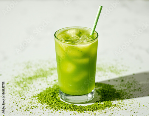 Matcha Sparkle cocktail with vivid green color and edible glitter, combining wellness trends with stylish, modern presentation