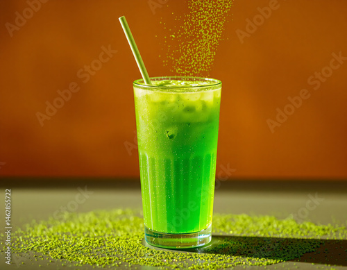 Matcha Sparkle cocktail with vivid green color and edible glitter, combining wellness trends with stylish, modern presentation