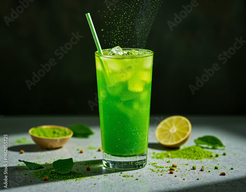 Matcha Sparkle cocktail with vivid green color and edible glitter, combining wellness trends with stylish, modern presentation