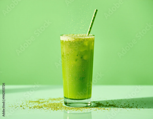 Matcha Sparkle cocktail with vivid green color and edible glitter, combining wellness trends with stylish, modern presentation