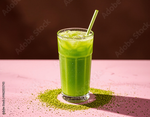 Matcha Sparkle cocktail with vivid green color and edible glitter, combining wellness trends with stylish, modern presentation