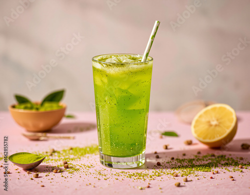 Matcha Sparkle cocktail with vivid green color and edible glitter, combining wellness trends with stylish, modern presentation