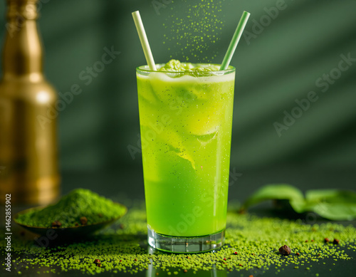 Matcha Sparkle cocktail with vivid green color and edible glitter, combining wellness trends with stylish, modern presentation
