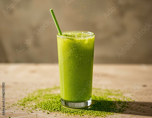 Matcha Sparkle cocktail with vivid green color and edible glitter, combining wellness trends with stylish, modern presentation