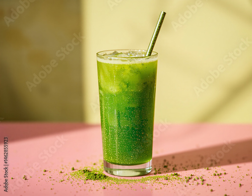Matcha Sparkle cocktail with vivid green color and edible glitter, combining wellness trends with stylish, modern presentation