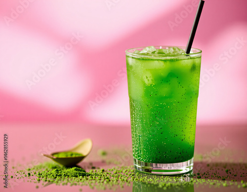 Matcha Sparkle cocktail with vivid green color and edible glitter, combining wellness trends with stylish, modern presentation