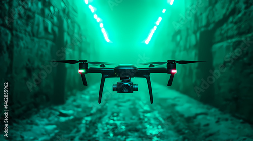 A camera drone hovers in a neon-lit, futuristic tunnel, surrounded by glowing green lights and misty walls.