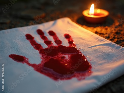 A close-up view of a bloodied handprint on a white cloth rests beside a softly glowing oil lamp, evoking themes of sacrifice and tension in dim light.