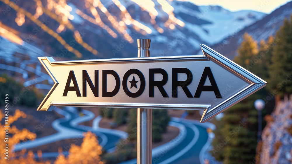 on the pole there is a direction arrow with the inscription Andorra against the background of a picturesque winter landscape