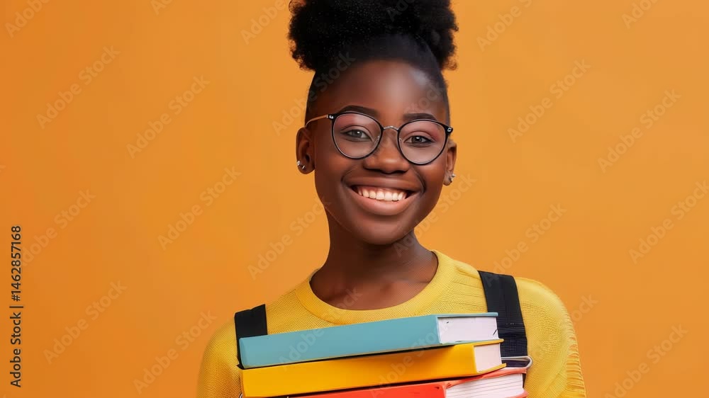 A cheerful young student smiles, holding a stack of books in front of an orange backdrop. She wears glasses, a yellow shirt, and carries the books with ease, ready for learning. A cheerful young student smiles, holding a stack of books in front of an orange backdrop. She wears glasses, a yellow shirt, and carries the books with ease, ready for learning.