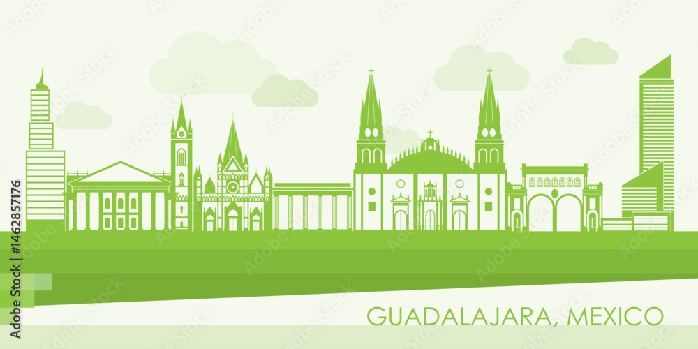 Green Skyline panorama of city of Guadalajara, Mexico - vector illustration