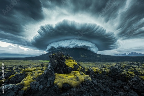 A breathtaking view of a massive, dark cloud formation hovering dramatically over a moss-covered volcanic landscape.