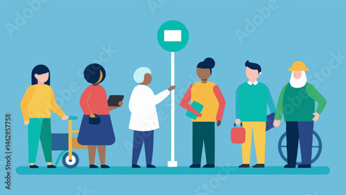 Group of Users A diverse group of individuals including those with mobility aids gathered at a public transport stop with wayfinding signs that provide accessible directions.