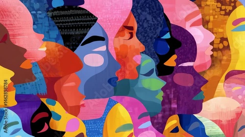 Diverse abstract faces in profile with bright, colorful palette, celebrating unity and collaboration, symbolizing community with varied ethnicity, digital art
