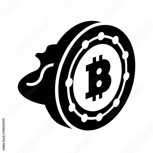 Digital currency concept depicts a Bitcoin coin inside a money bag design