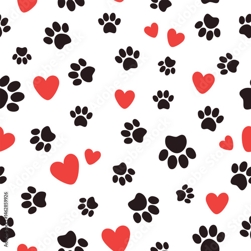 Pet paw seamless pattern. Vector illustration with paw and hearts on white background. It can be used for wallpapers, wrapping, cards, patterns for clothes and other.
