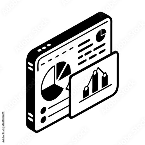 Isometric representation of a data analytics dashboard showing business intelligence metrics