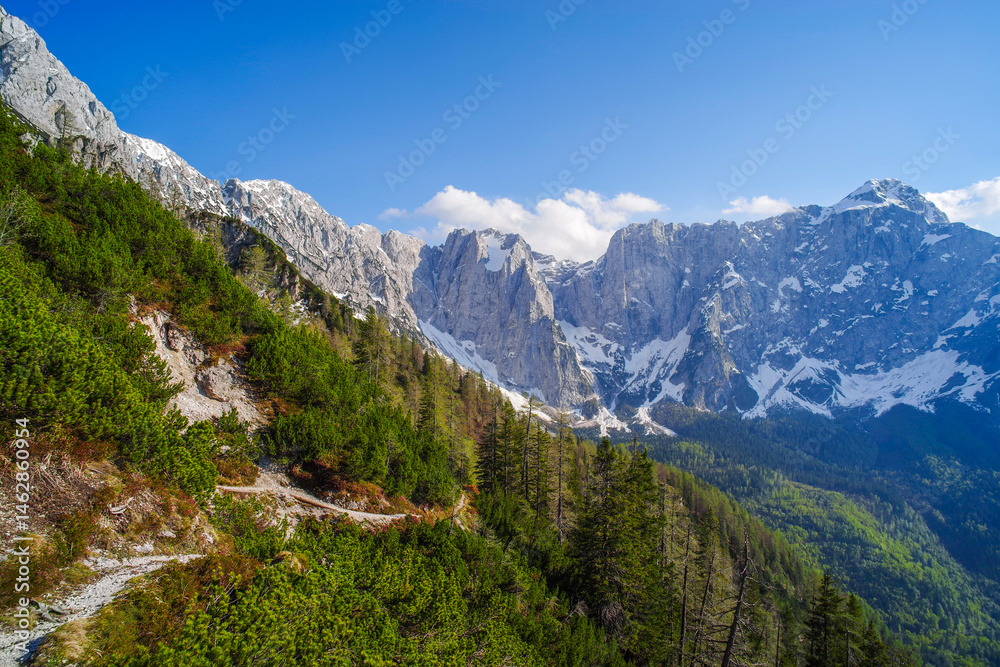 Fototapeta premium Scenic summer landscape of Mangart mountain (2679m), Triglav National Park, Julian Alps, Europe 