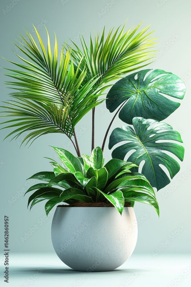 Potted green plants with vibrant leaves in a modern minimalistic vase