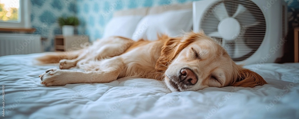 Sleeping dog resting on bed with cooling device during a calm afternoon