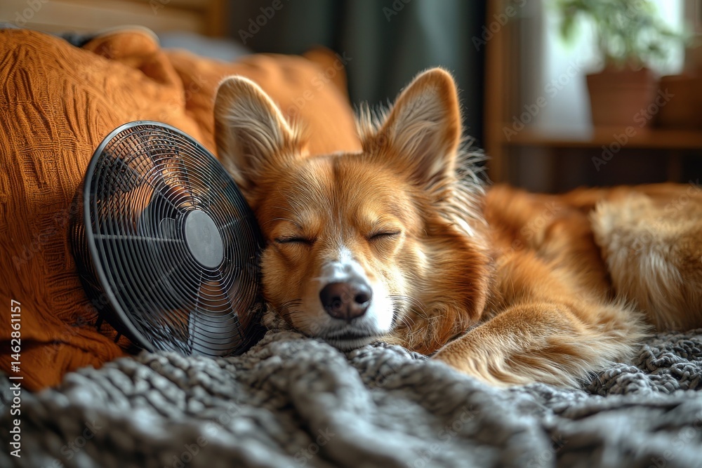 Relaxed Dog Sleeping Next to a Fan on a Cozy Bed