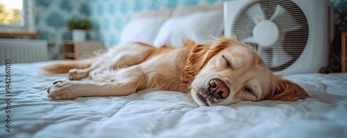 Obraz na płótnie Sleeping dog resting on bed with cooling device during a calm afternoon w salonie