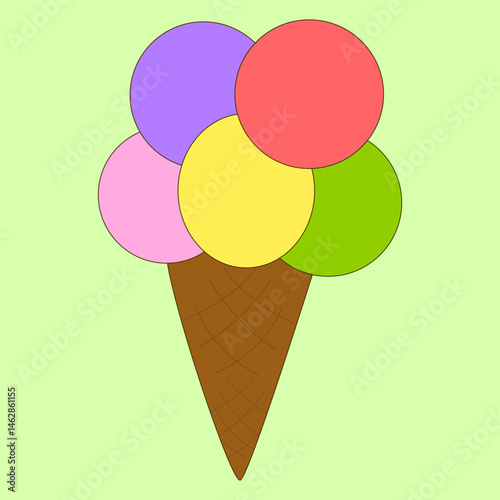 Simple summer cartoon refreshing ice cream in the form of several colorful balls in a waffle cone on a green background. Ideal for summertime, dessert designs, or National Ice Cream Day celebrations.