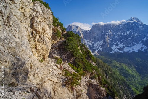 Obraz na płótnie Scenic summer landscape of Mangart mountain (2679m), Triglav National Park, Julian Alps, Europe w salonie