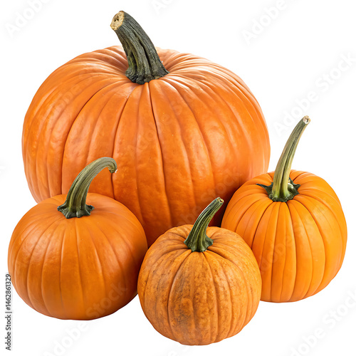 A group of four pumpkins of varying sizes arranged together on a plain white background in a studio shot photo