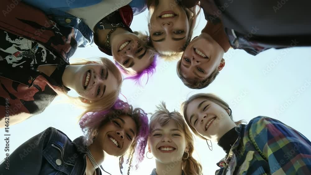 A diverse group of young people are standing in a circle. They are all looking down and smiling at the camera. The sky is visible in the background and their faces are illuminated by the light.