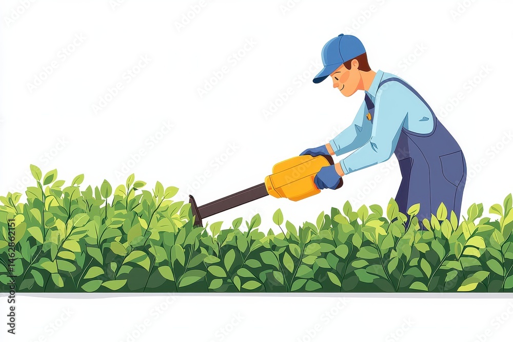 Worker trimming green shrubs with hedge cutter in outdoor garden environment