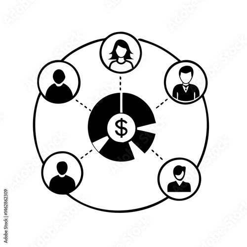 Financial distribution among people illustrated as a pie chart with dollar sign