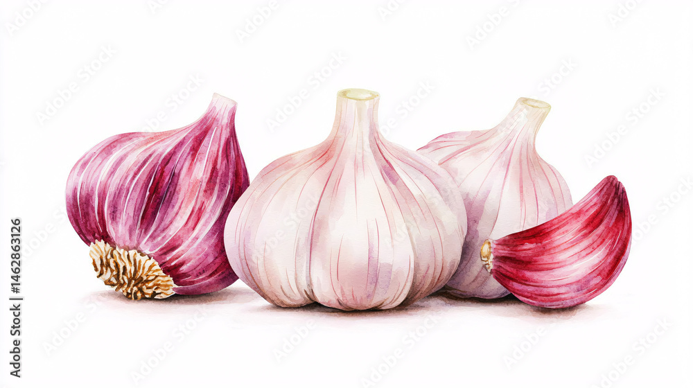 Obraz premium Watercolor illustration depicts three vibrant garlic bulbs and a clove on a clean white background image.