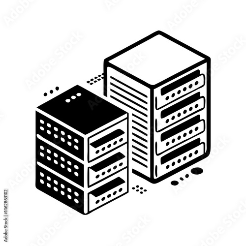 Isometric view of two server rack units in black and white graphics