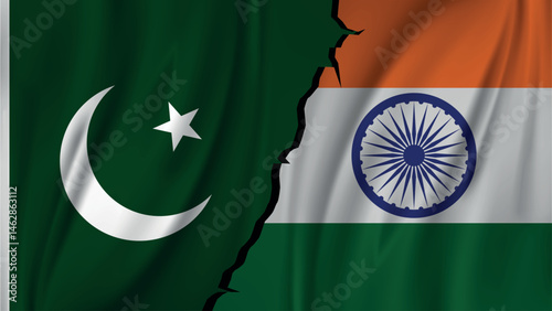 India Pakistan Flag Conflict Border Tension Image , India vs Pakistan concept flags on a wall with a crack , India vs Pakistan war 