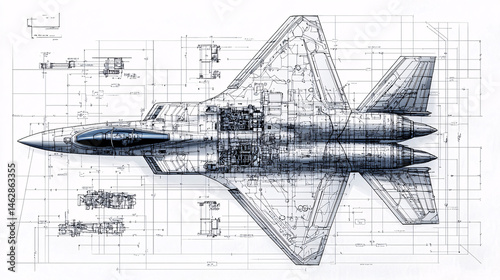 Detailed technical blueprint of a fighter jet aircraft design showcases enginee and specifications accurately.