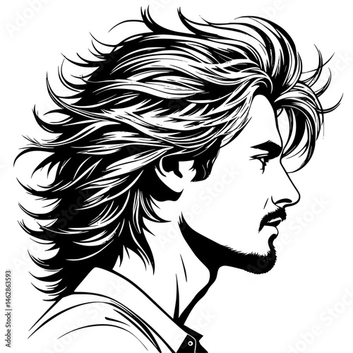 Side profile of young man with sweeping long hair and stubble