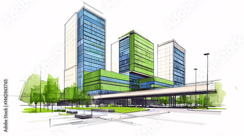 Architectural sketch illustration of modern office buildings with green spaces on a sunny day design.
