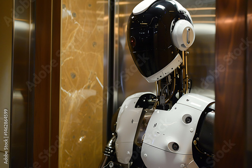 Futuristic Black and White Humanoid Robot Inside Sleek Elevator Surrounded by Polished Wooden Walls

