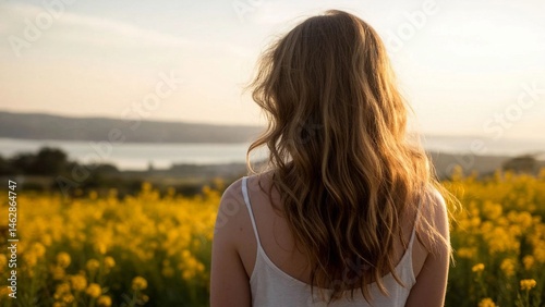 A girl with wavy hair in a white T-shirt stands with her back to the camera and looks at a field of yellow flowers. ai generation