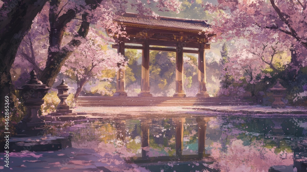 Obraz premium A serene Japanese garden featuring a temple tea house and vibrant cherry blossoms mirrored in a tranquil pond embodies the beauty of nature