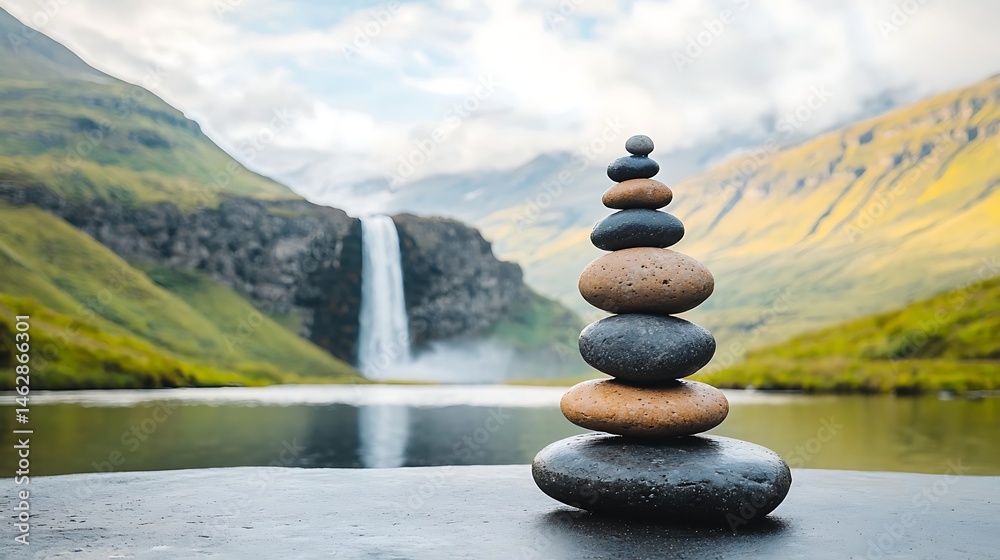 Zen stones balanced, tranquil waterfall view Zen stones balanced, tranquil waterfall view