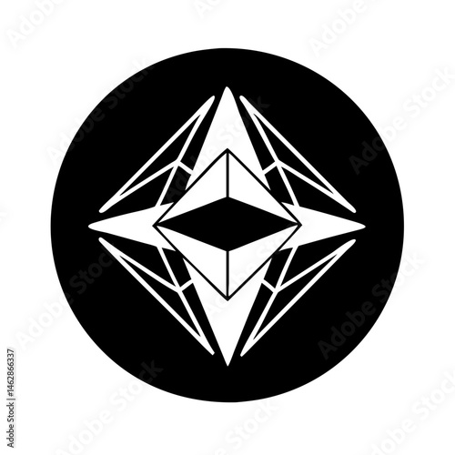 Abstract black circle with geometric shape forming four arrowheads pointing outward