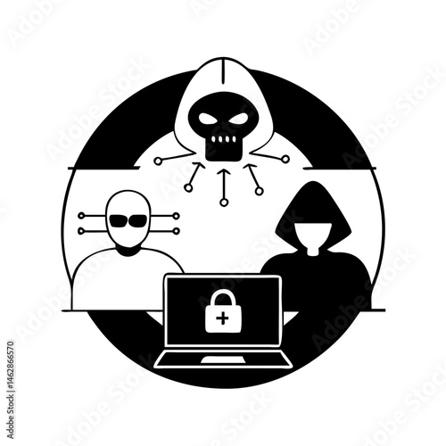 Cybersecurity threat illustration showing hackers and skull targeting data protection laptop