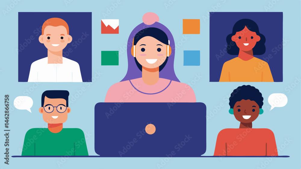 Fototapeta premium Remote Work Inclusivity A home office scene where individuals are on a video call showcasing different cultures and settings emphasizing remote inclusivity.