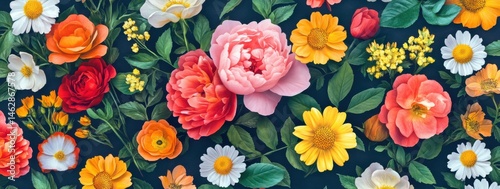 A vibrant array of flowers in various colors, including pinks, oranges, reds, yellows, and whites, arranged on a dark background with lush green leaves
