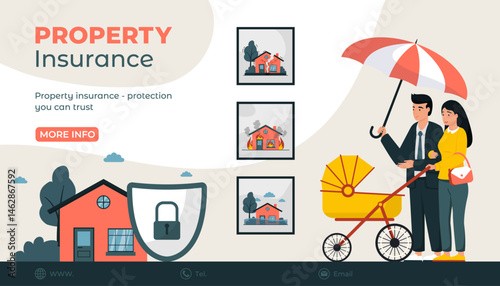 Property insurance landing page template. Home building protection from natural disaster. Security from damage and accident. Young family umbrella insurance policy concept. Flat vector illustration.