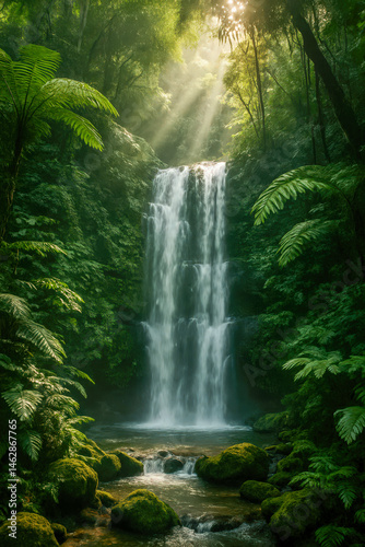 Sunlight filtering through rainforest canopy over tropical waterfall